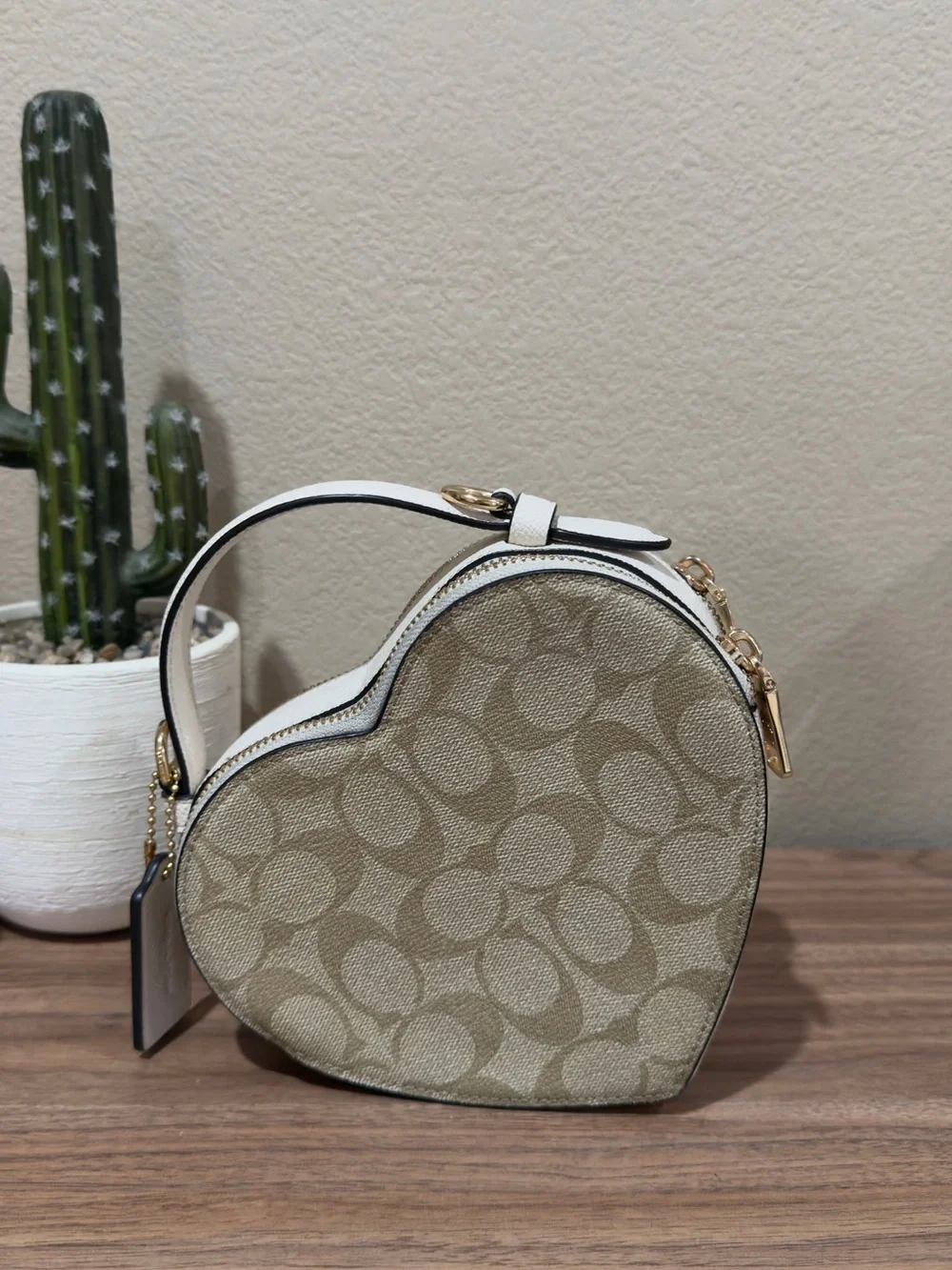 Coach Beige Signature Heart Mini Crossbody with Gold Logo